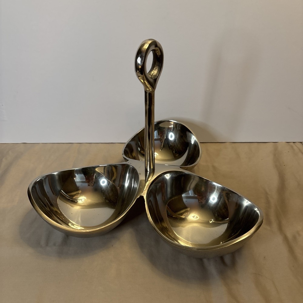 White Brass 3 Section Serving Dish w/ Handle Made in India