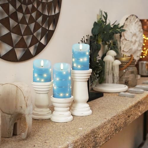 Flameless Candles with String Lights, 3 Pack Embedded Fairy String Lights Blue