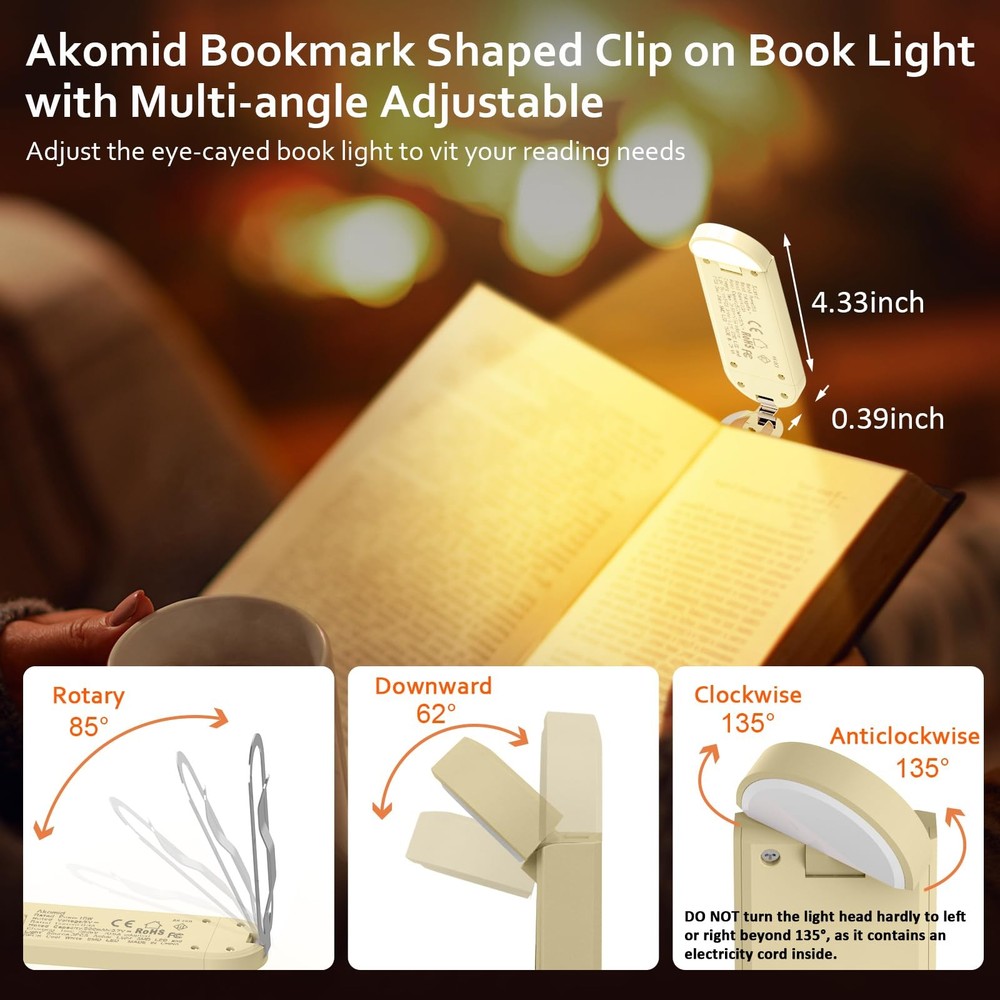 Khaki USB Rechargeable Clip-On Book Light 8 LEDs Eye-Cared Amber Light