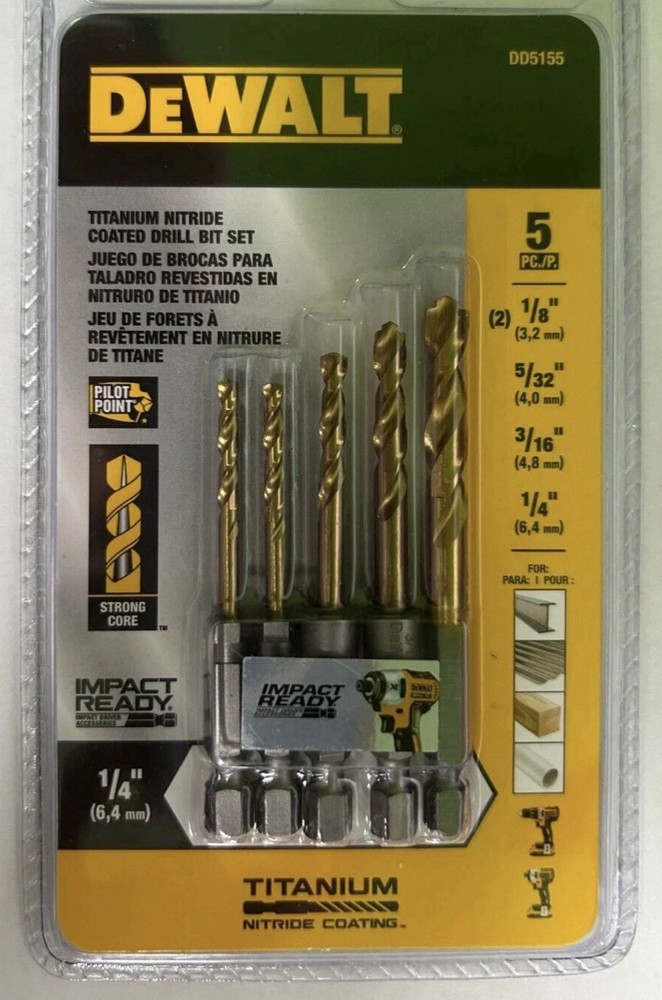 2 PACK DEWALT Impact Ready Titanium Nitride Coated Drill Bit Set, 5pc (DD5155)