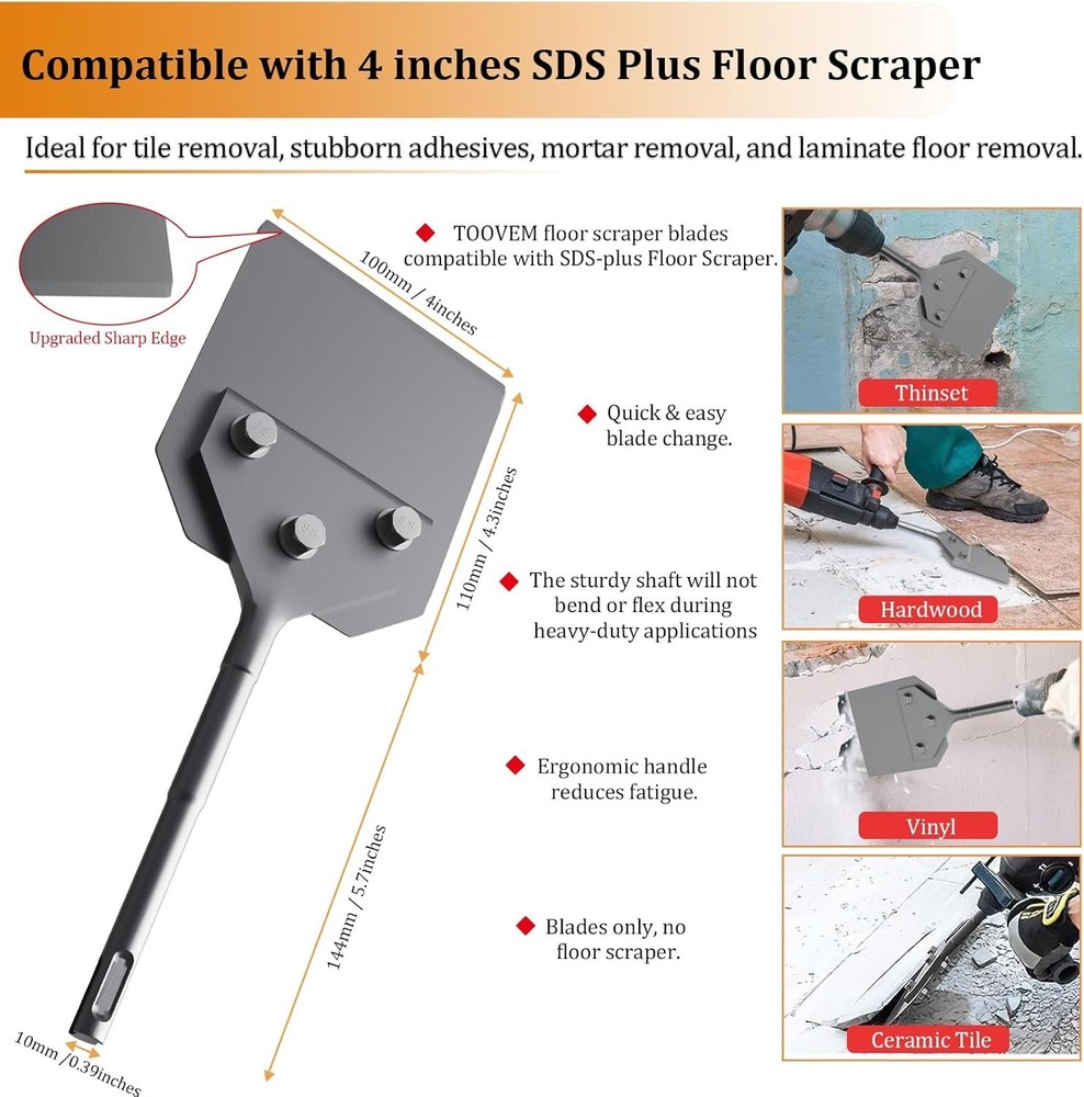 2 Pcs SDS Plus Floor Scraper Replacement Blades with Bolts Nuts and Washers