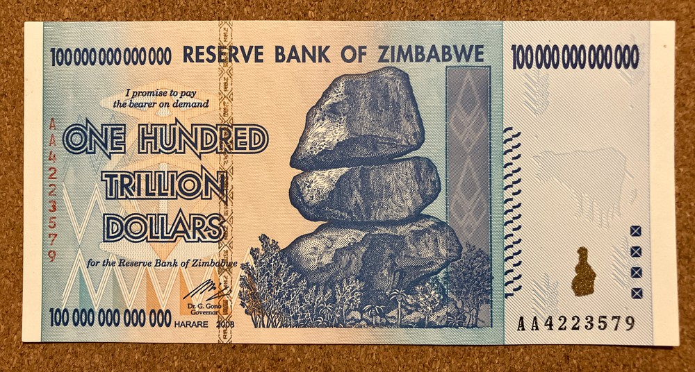 Zimbabwe 100 Trillion Dollar Banknote.