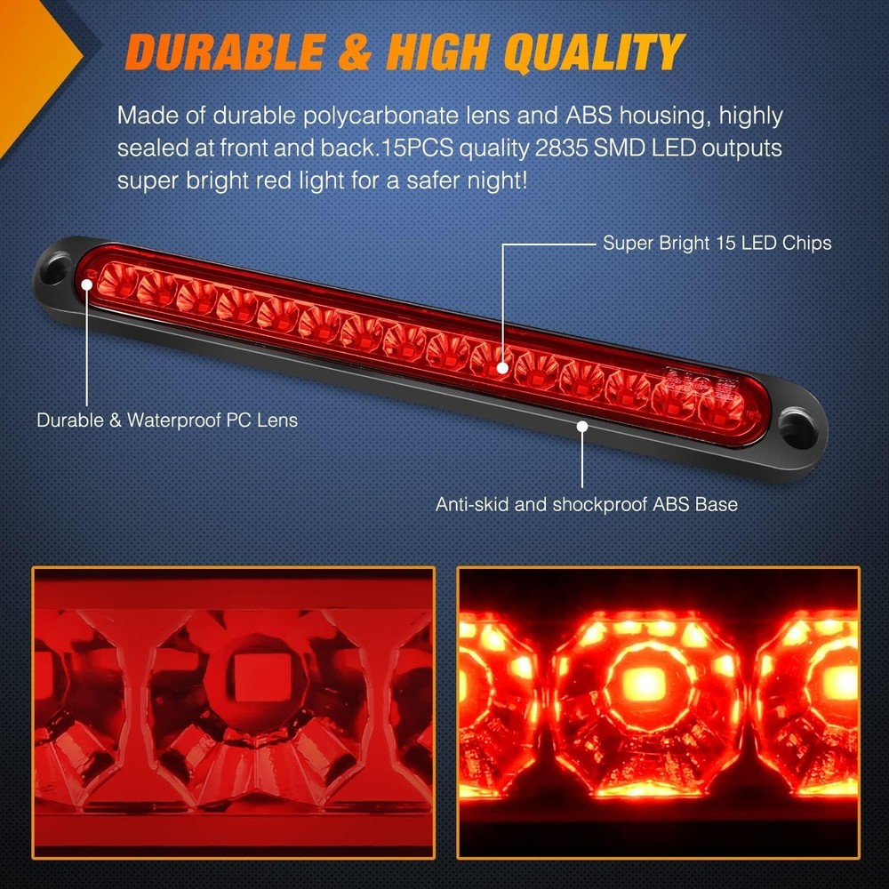Durable 2PC 10” 15 LED Red Trailer Light Bars - Easy Installation & Shockproof