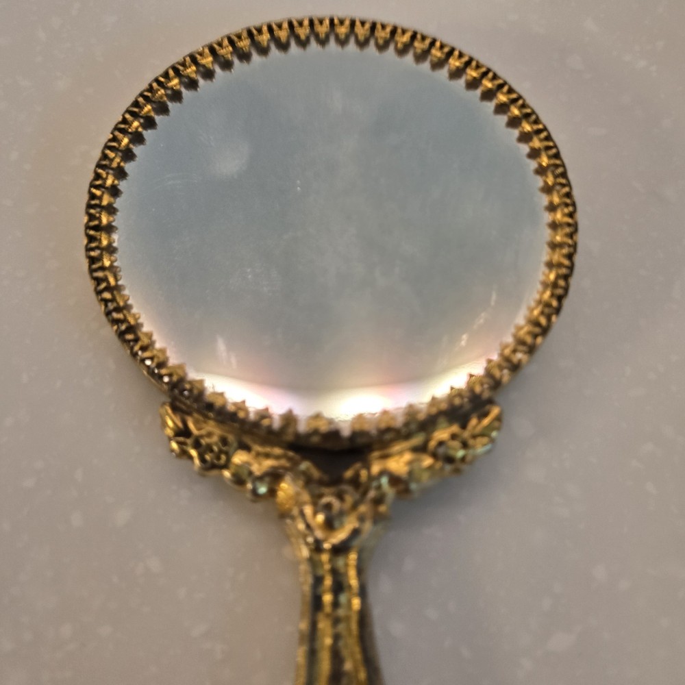 Antique Miniature Stylebuilt Hand Mirror - 7" Brass