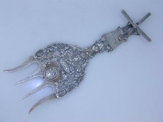 Old Dutch .833 Silver Unusual Serving Fork Windmill handle face lion head ornate