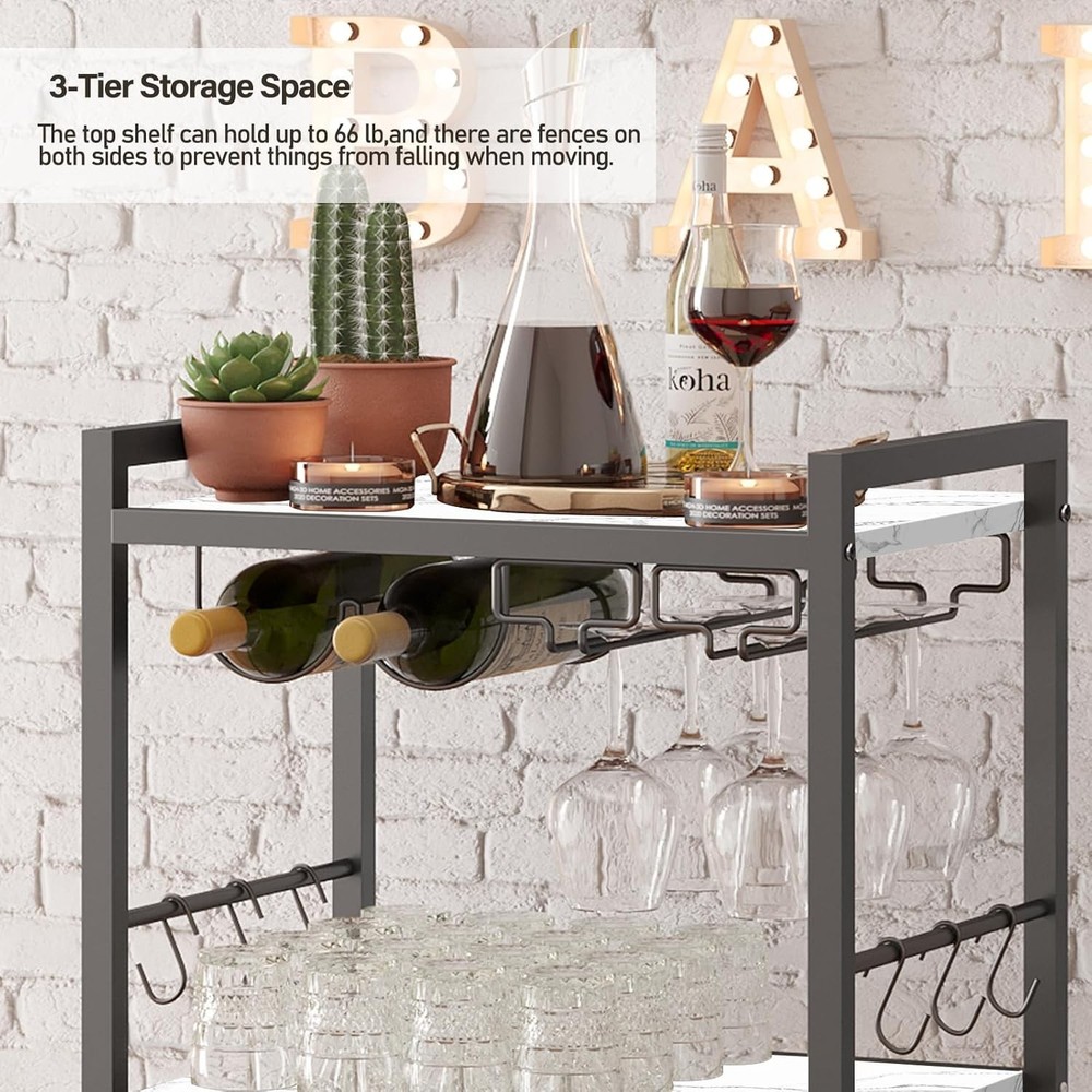 Elegant Marble White Bar Cart with Wine Rack - Stylish Multi-Function Design
