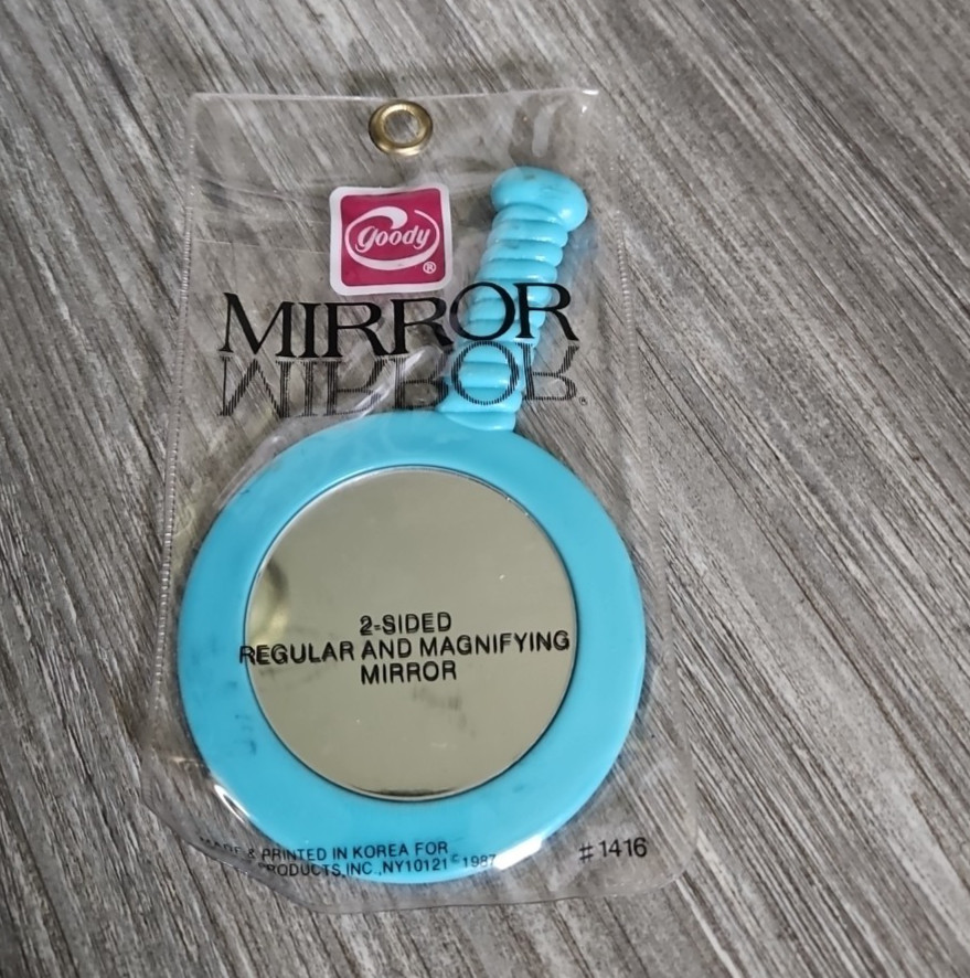1980's Goody 2-Sided Regular & Magnifying Mirror Teal Blue Small accessory