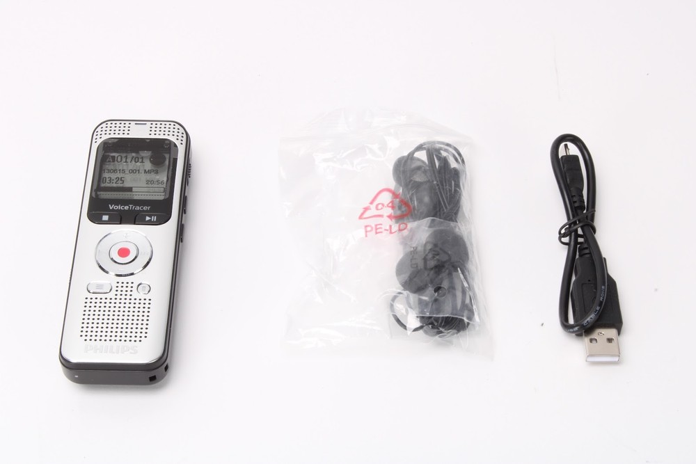 Philips DVT2000 Voice Tracer With USB Cable, Earbuds, and Quick Start Guide
