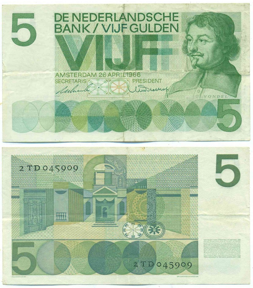 NETHERLANDS NOTE 5 GULDEN 26.4.1966 P 90a VF