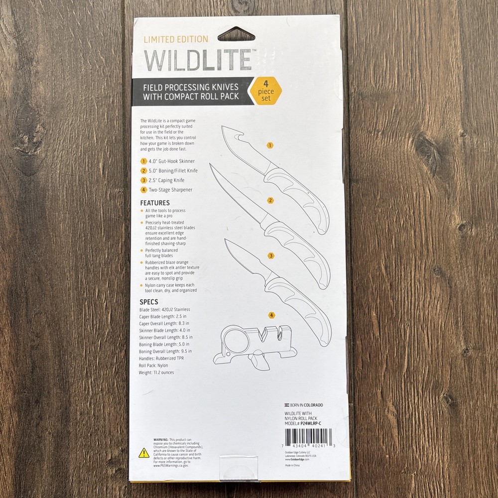 Outdoor Edge Wildlite Game Processing Knives w Roll Pack, 4 Piece Set, NEW