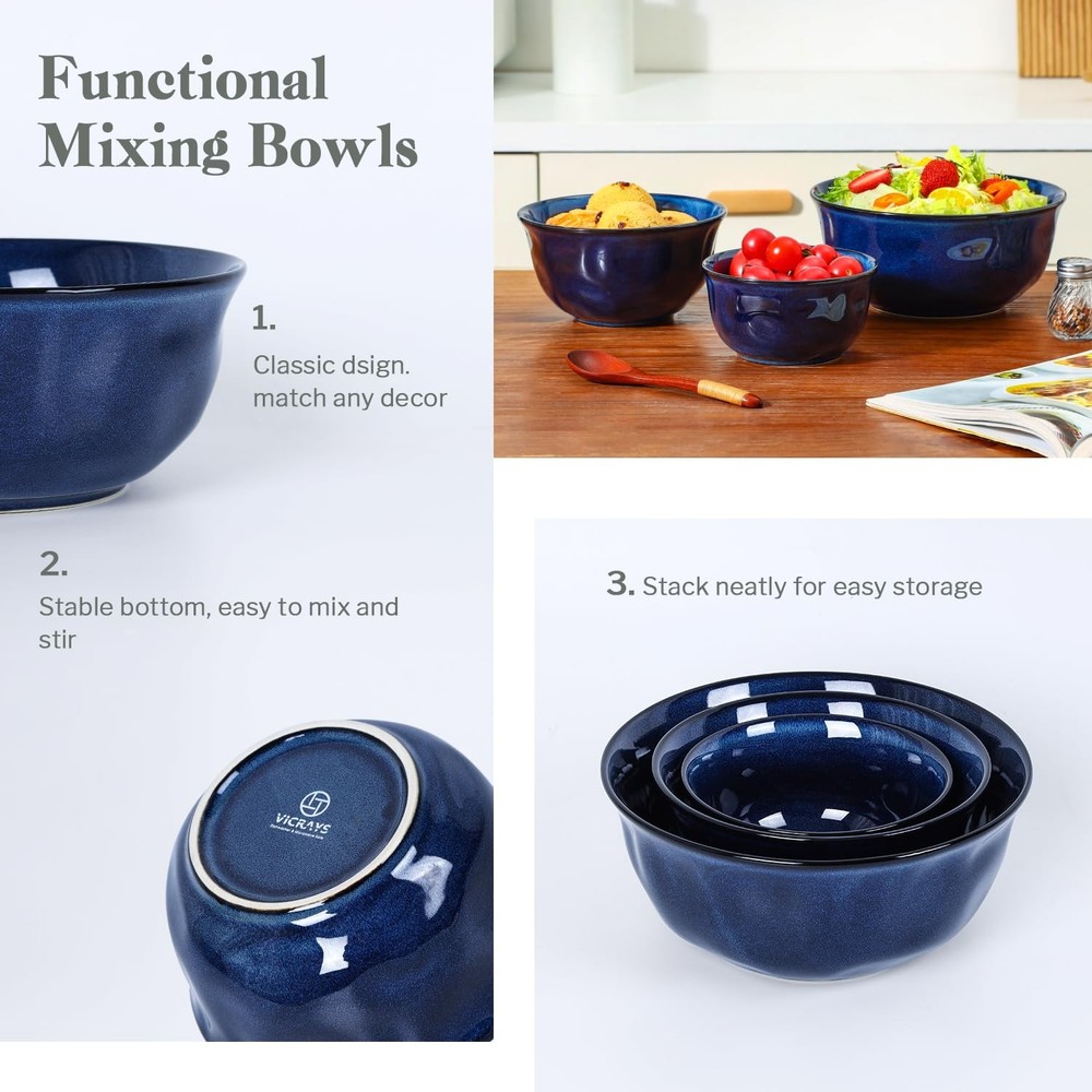 vicrays Ceramic Mixing Serving Bowl Set: Nesting Stoneware Kitchen Decorative La