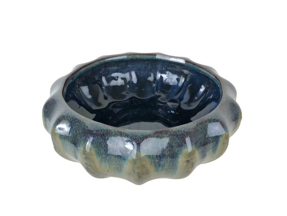 Shallow 9" Bowl Planter Bulb Vase Scalloped Blue Brown Drip Glaze Internal Knobs