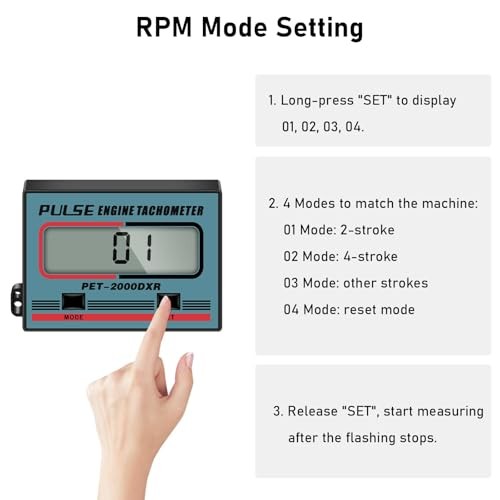 Digital Tachometer, 2 Stroke 4 Stroke Small Engine Tachometer, Blue+MODE+SET