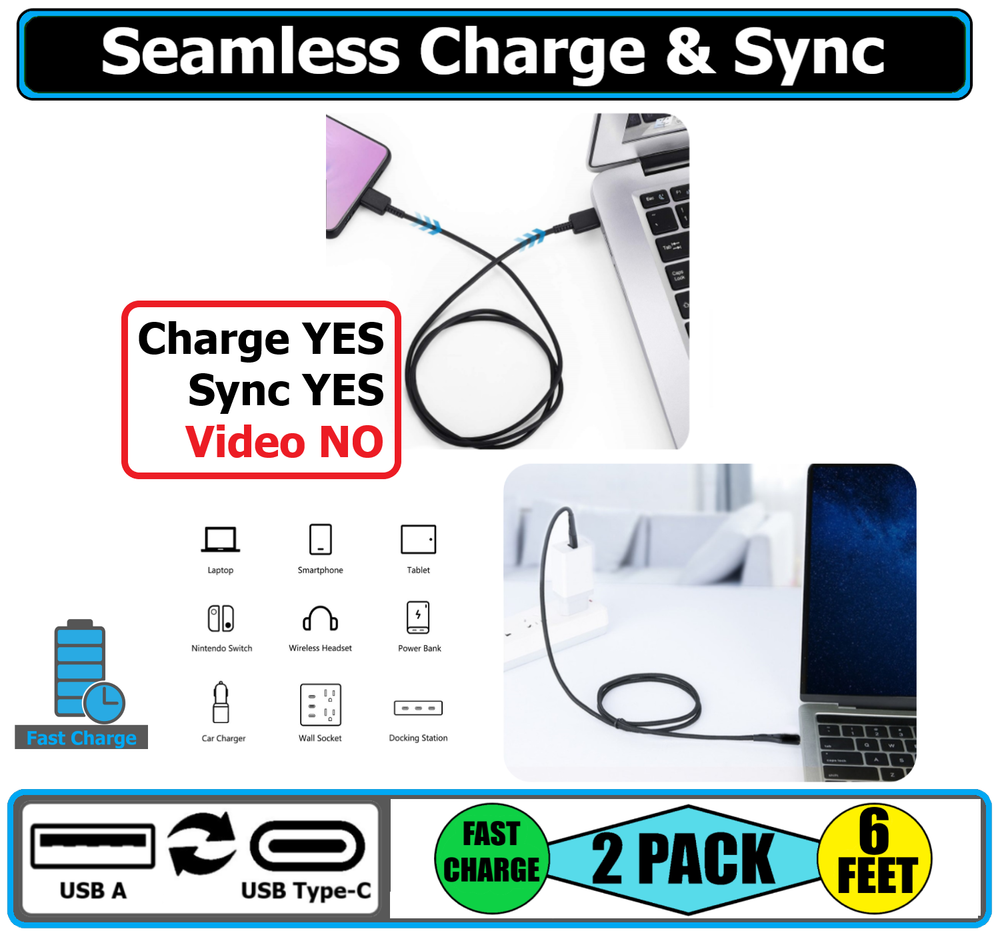 2 PACK 6FT Type C USB-A Fast Charger Cable 90 Degree Angle Quick Charging L Cord