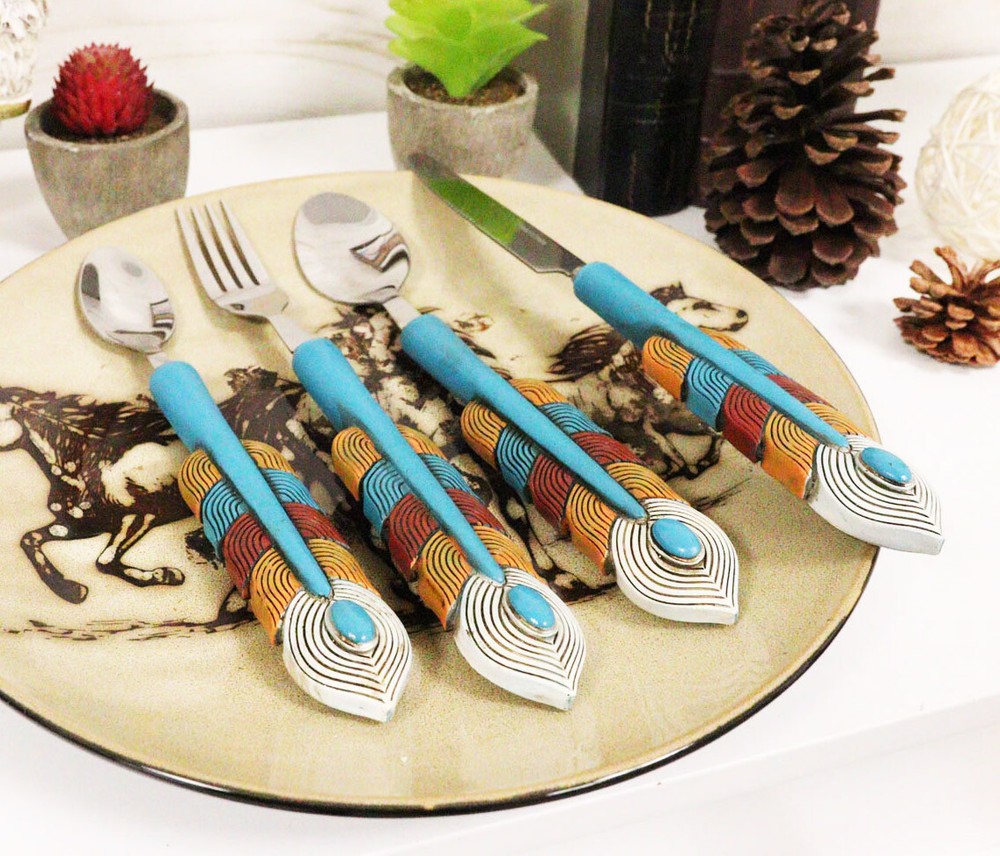Southwest Chic Indian Turquoise Feather Flatware 1 Spoon Teaspoon Fork Knife Set