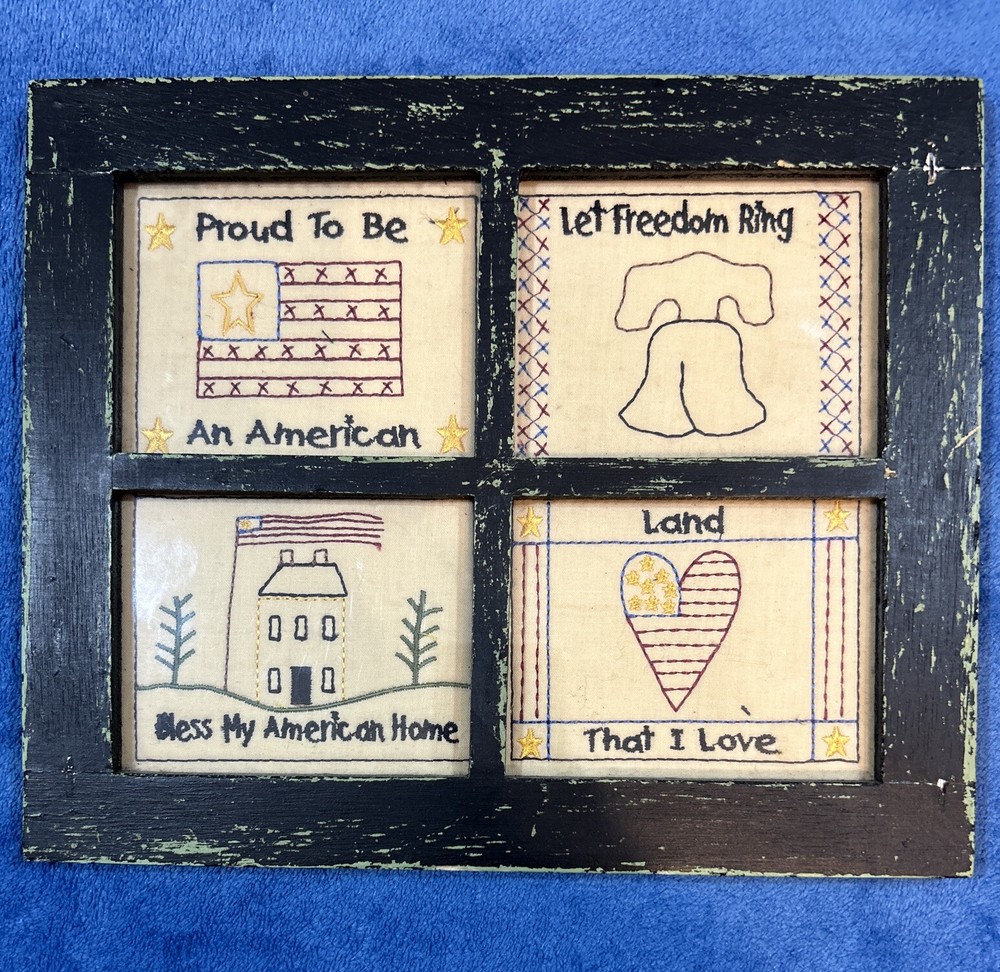 Patriotic Primitive Style Stitch Artwork Wall Hanging Vintage Sampler