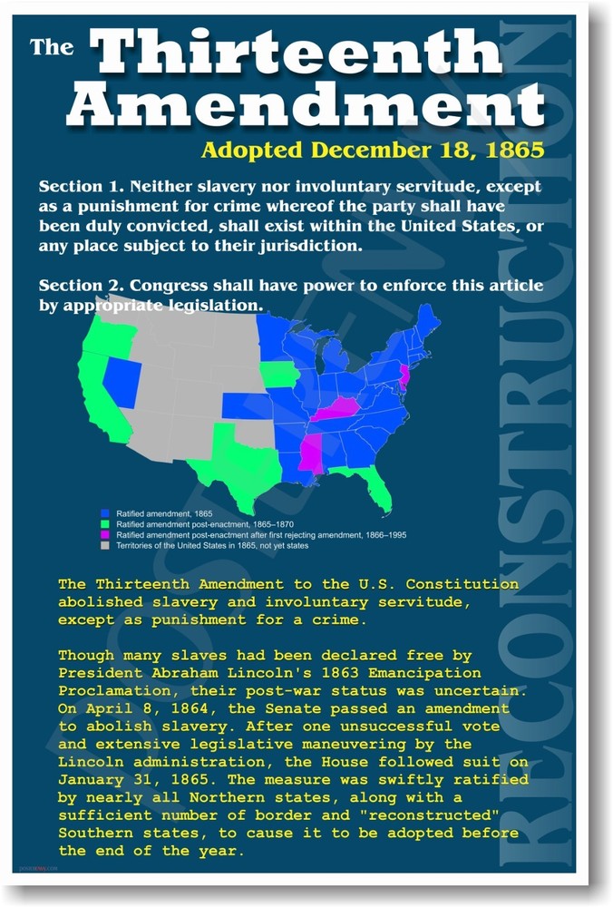 Reconstruction - 13th Amendment Constitution - US Civil War History - NEW POSTER