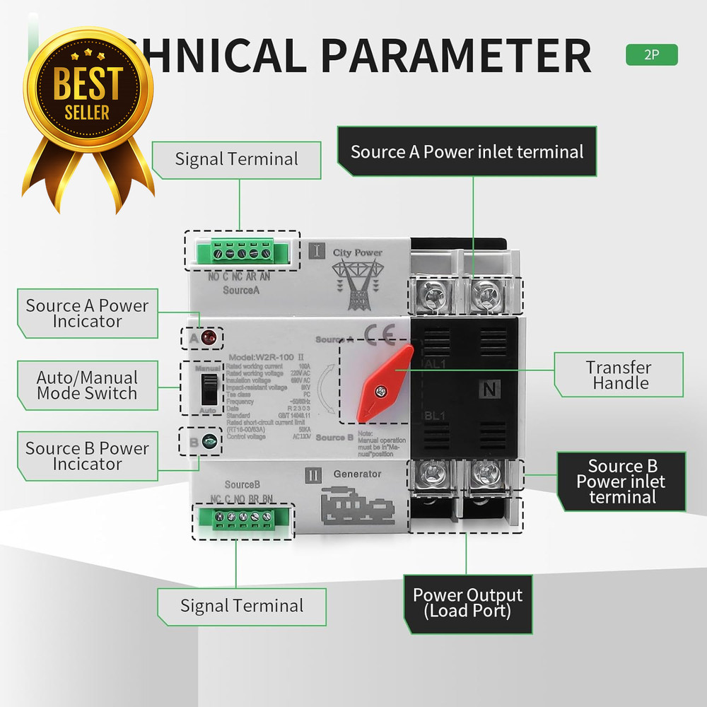100A Automatic Transfer Switch 2 Pole 110V Dual Power ATS Din Rail Generator
