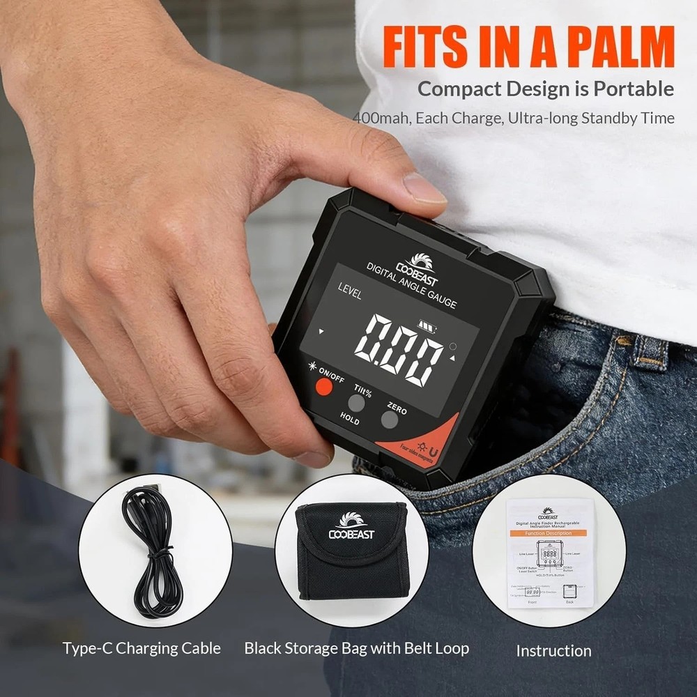 Precision Magnetic Digital Angle Finder with Laser - Rechargeable, Compact Tool