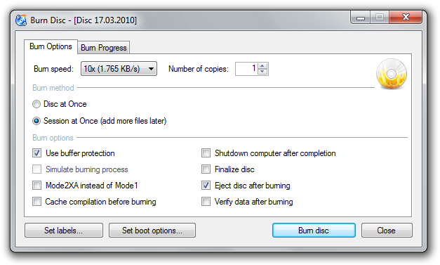 CDBurnerXP CD DVD burning software for Windows