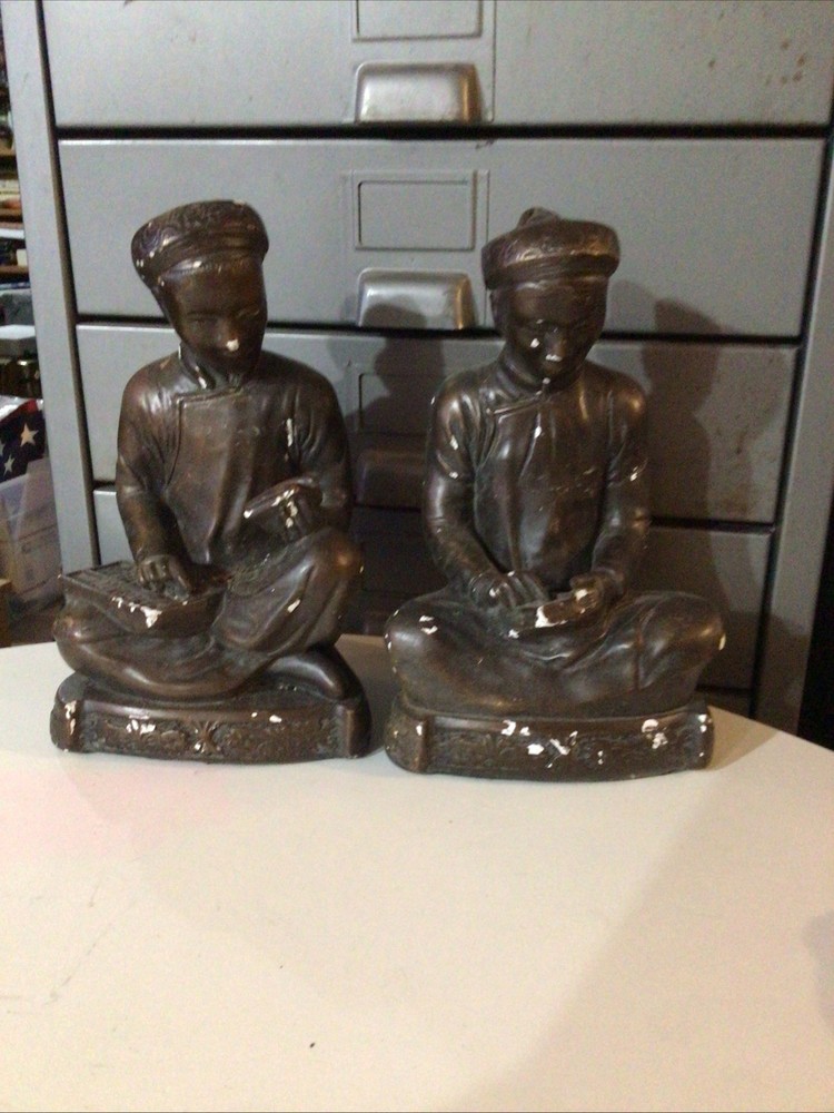Vintage Asian Scribe Mathematician Plaster Library Bookends
