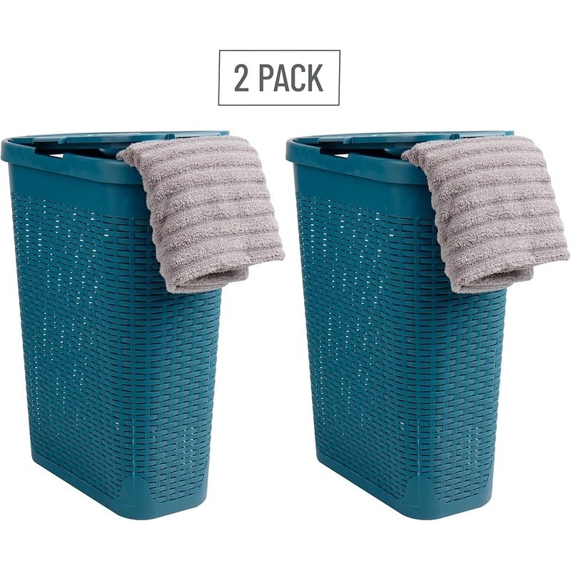 Portable Laundry Hamper Lightweight Rectangular Wicker Basket W/ Lid Set of 2 US