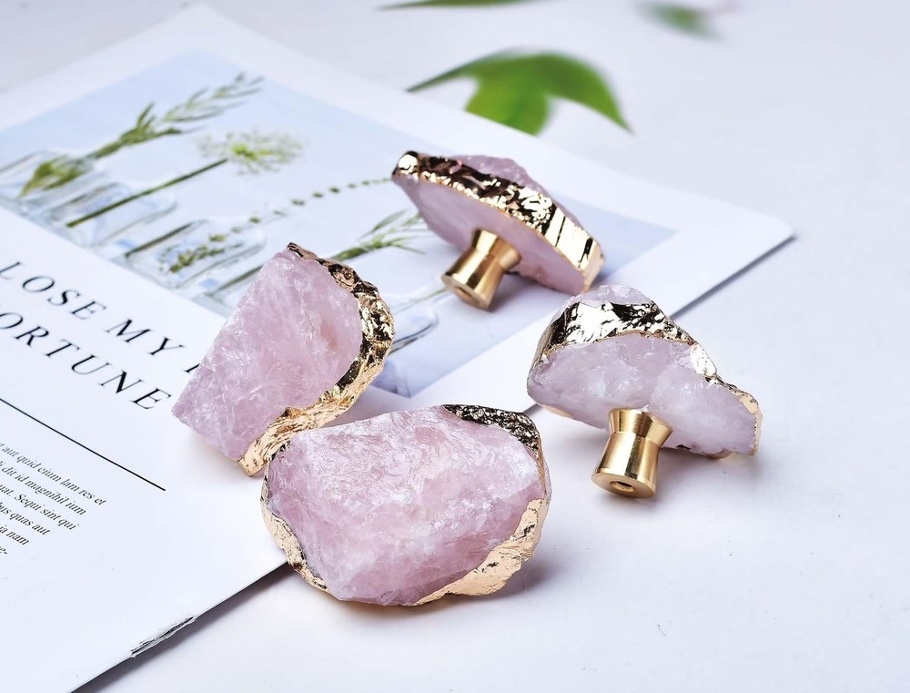 Rose Quartz Drawer Cabinet Knobs Pink Crystal Stone Knobs Handles Gold Plated...