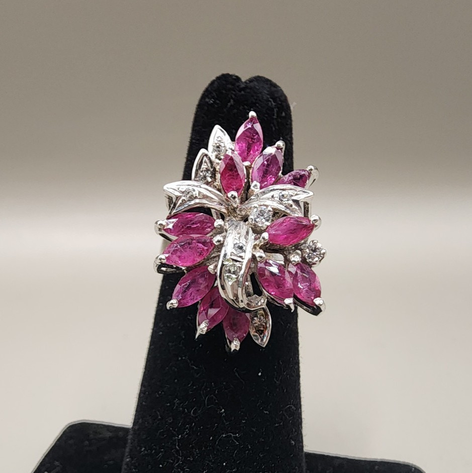Vtg Sterling Silver 925 Simulated Ruby Spray Cocktail Ring - Multiple Sizes