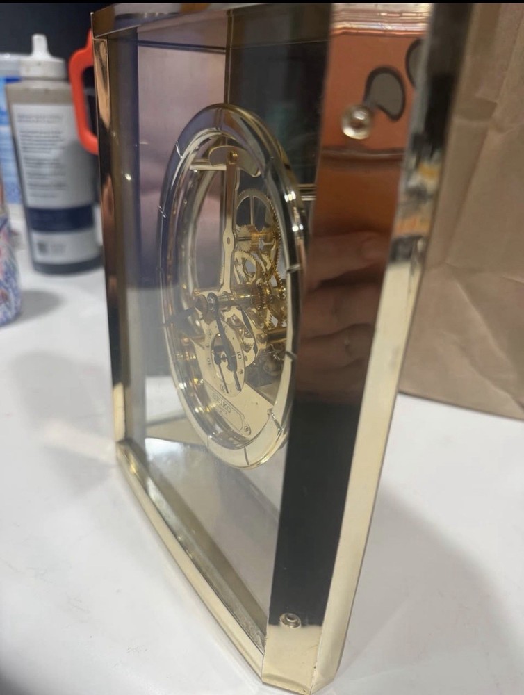 Gold Brass Skeleton Mechanical Glass Desk Clock Modern Rectangular Design