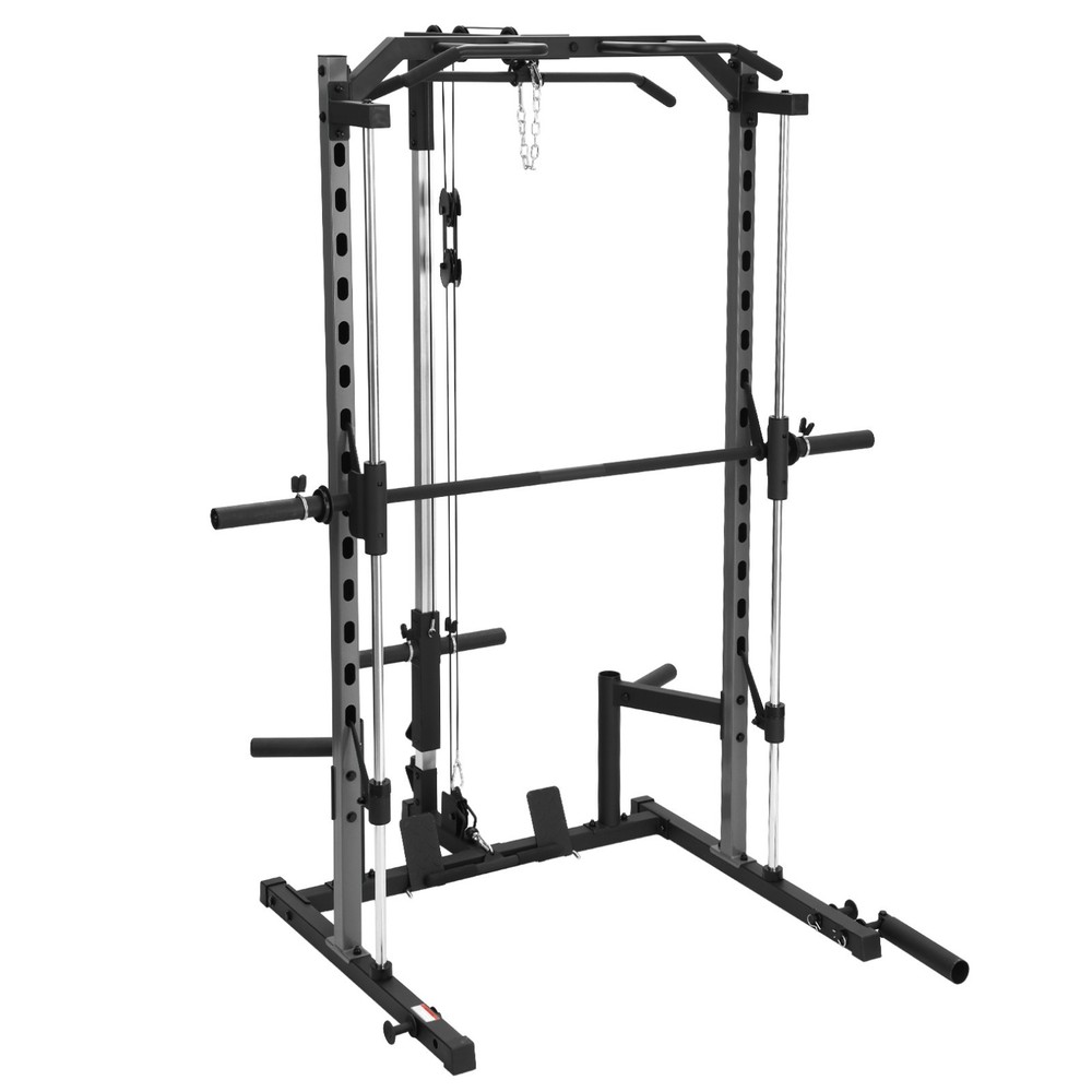 Smith Machine, Multifunctional Power Cage Rack with Barbell Bar and Cable Row US