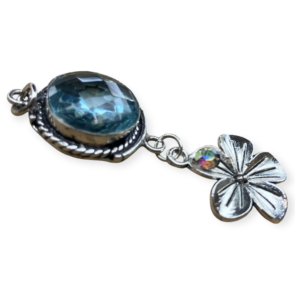 Fairy Cottage Core Flower Blue Rhinestone AB Silver Tone Dangle 2" Boho Pendant