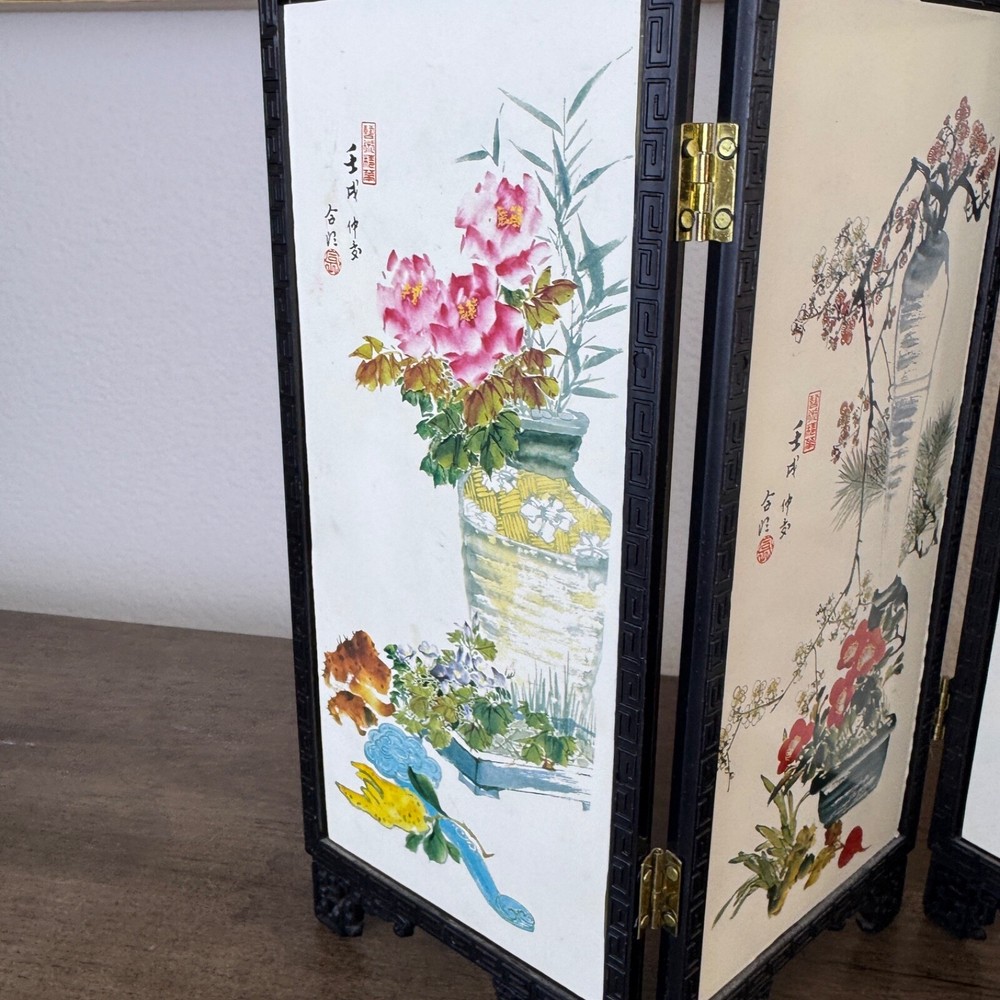 Chinese Mini Folding Screen PINGFENG 4 Panels Plastic - Both sides are different