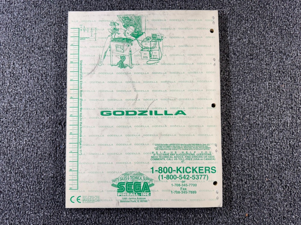 Sega Godzilla Pinball Machine Game Manual Schematics ORIGINAL