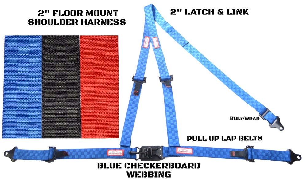 SAND RAIL HARNESS SEAT BELT PULL LAP BELTS 3 POINT BOLT IN BLUE CHECKERBOARD