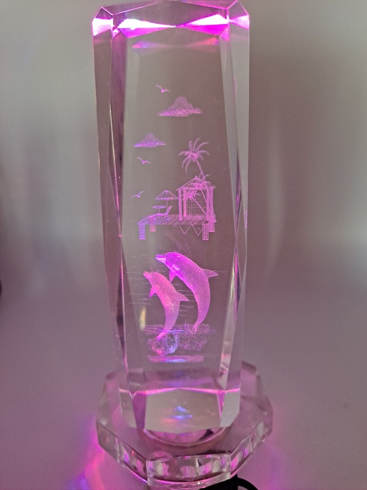 Crystal 3D Laser Etched Dolphins With Lighted Base