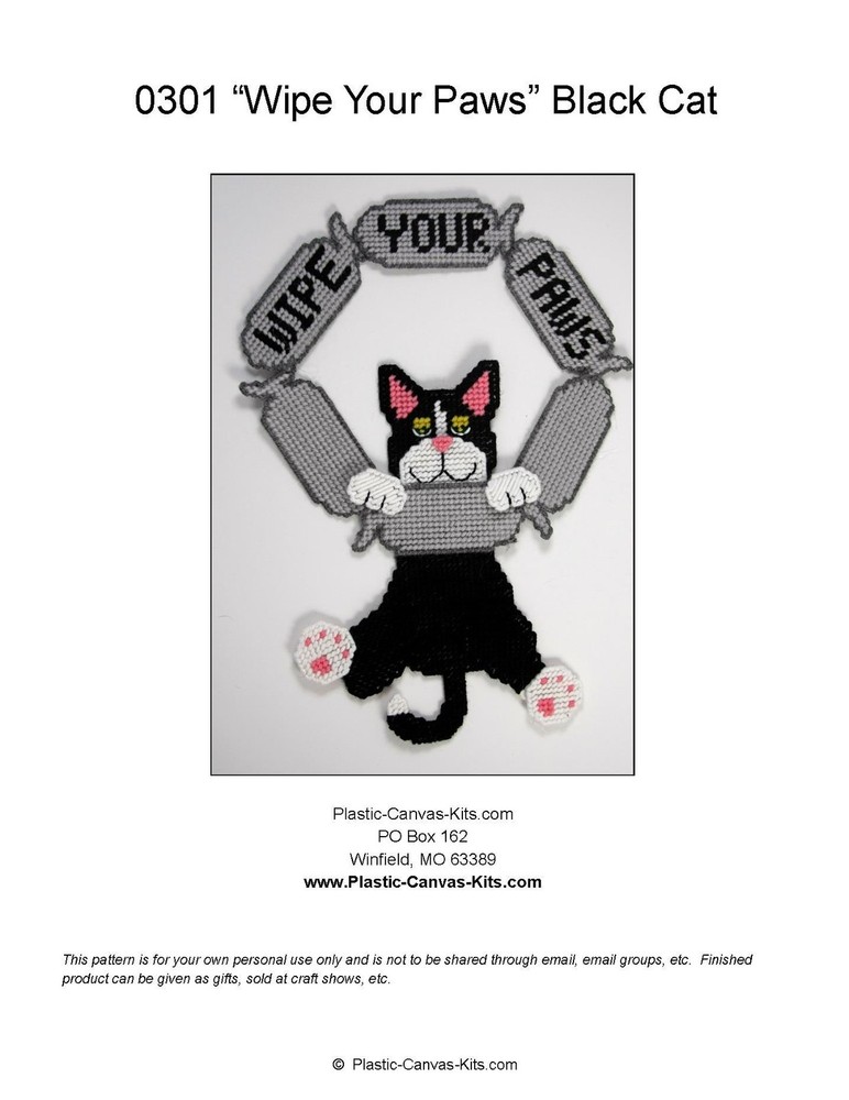 Wipe Your Paws-Black Cat-Plastic Canvas Pattern or Kit