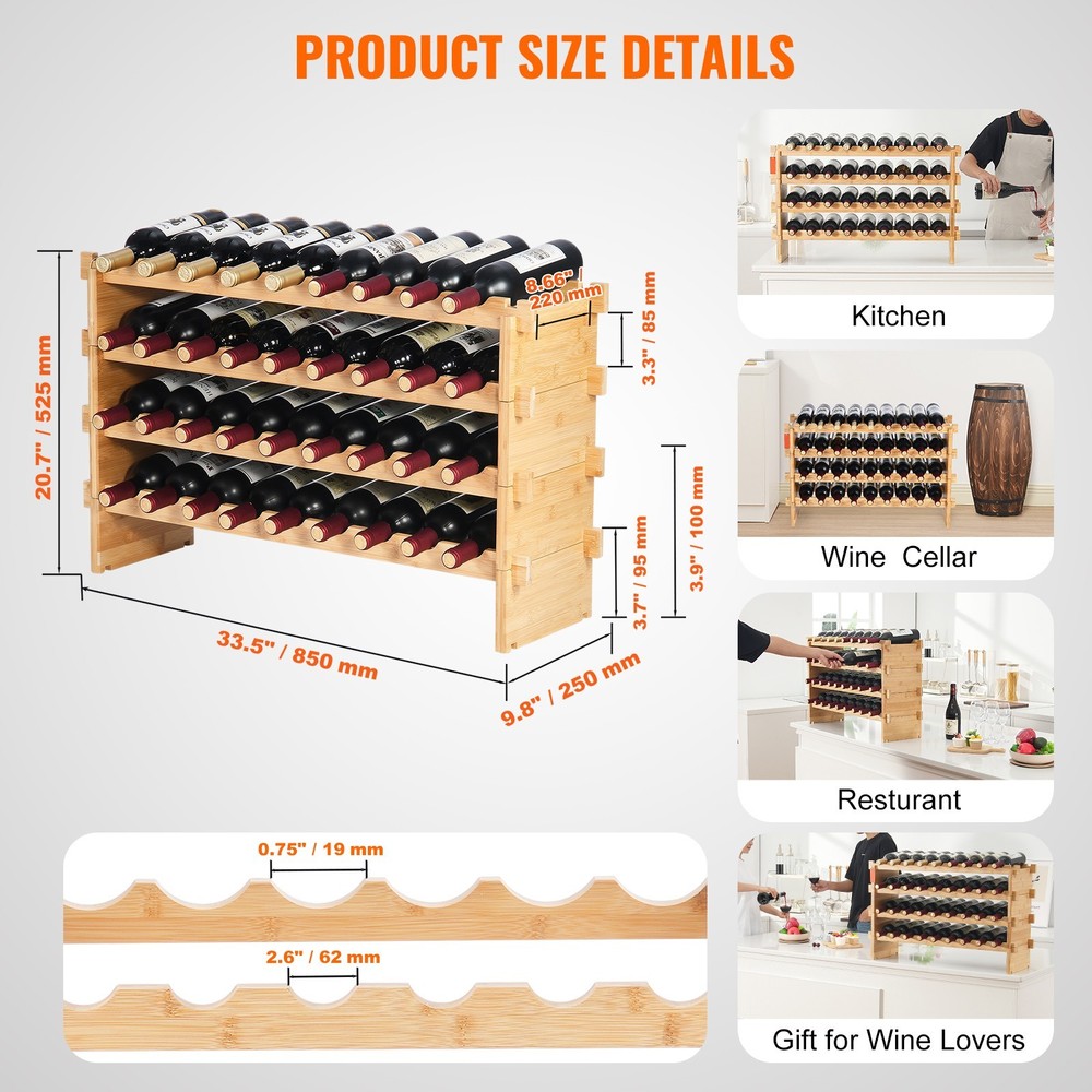 48-Bottle Stackable Bamboo Wine Rack, 6-Tier Modular Display Shelf