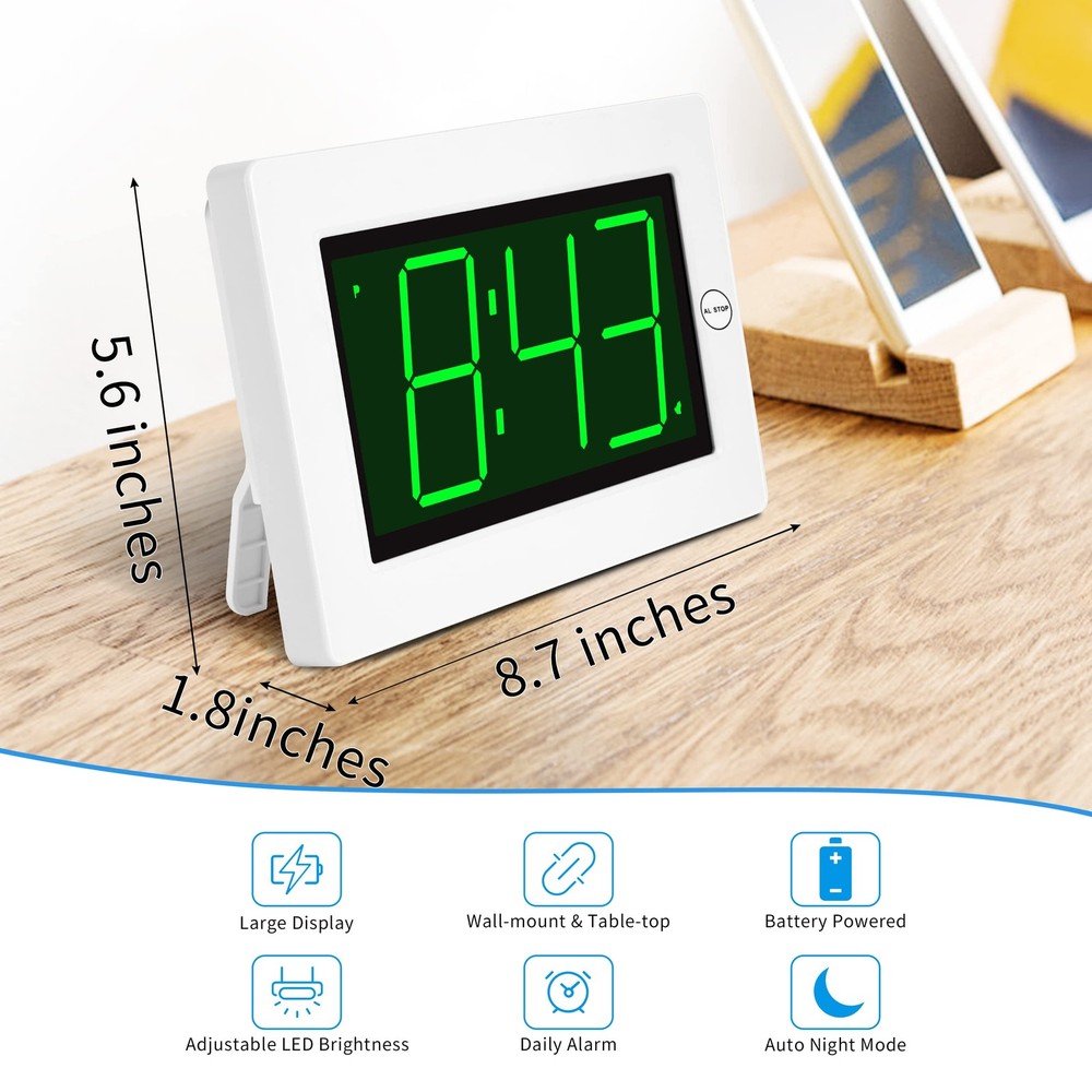 LED Digital Clock, Alarm Clock, Wall Clock, 3" LED Digit Display, Adjustable ...