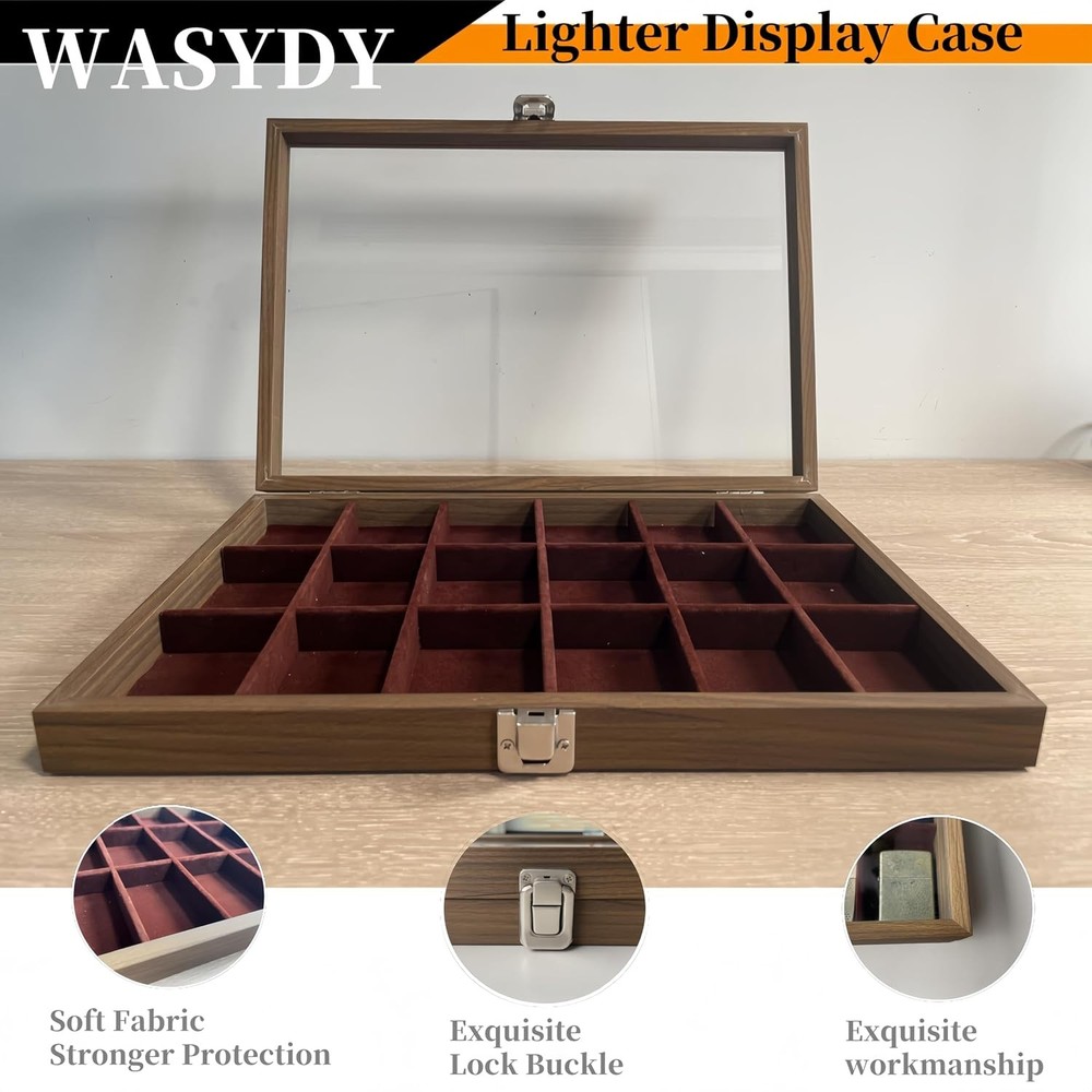 Zippo Lighter Display Case，Zippo Lighter Case With Glass Top&Lock,18 Capacity