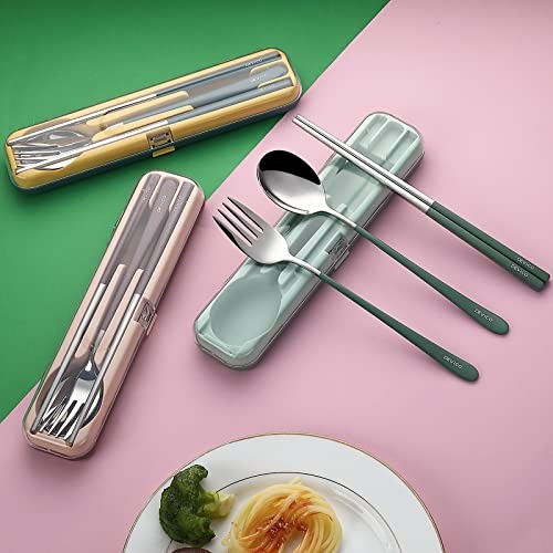 Portable Utensils, Travel Reusable Silverware Flatware Set for Lunch, Green