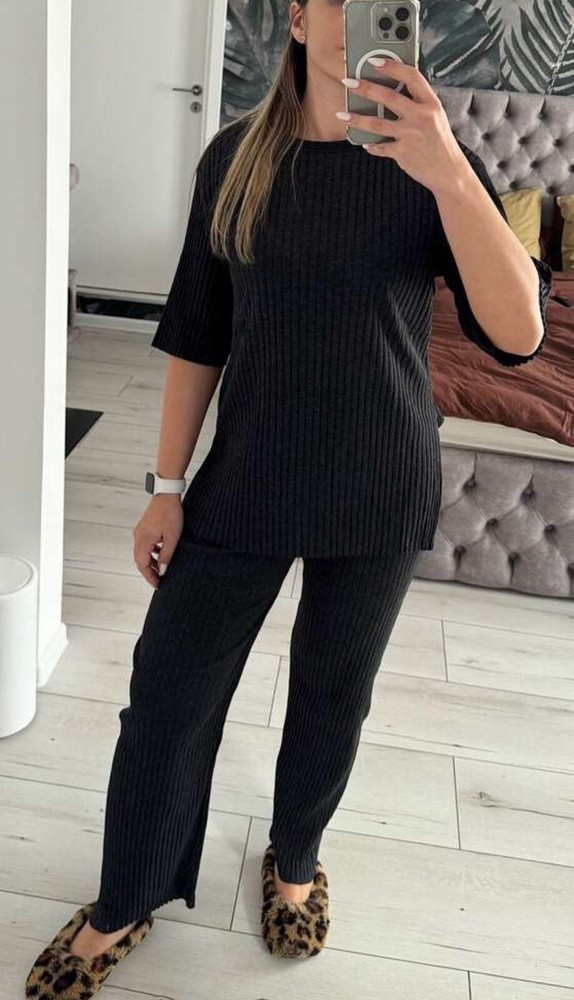 Drop Shoulder Rib-Knit Tee and Trousers Set