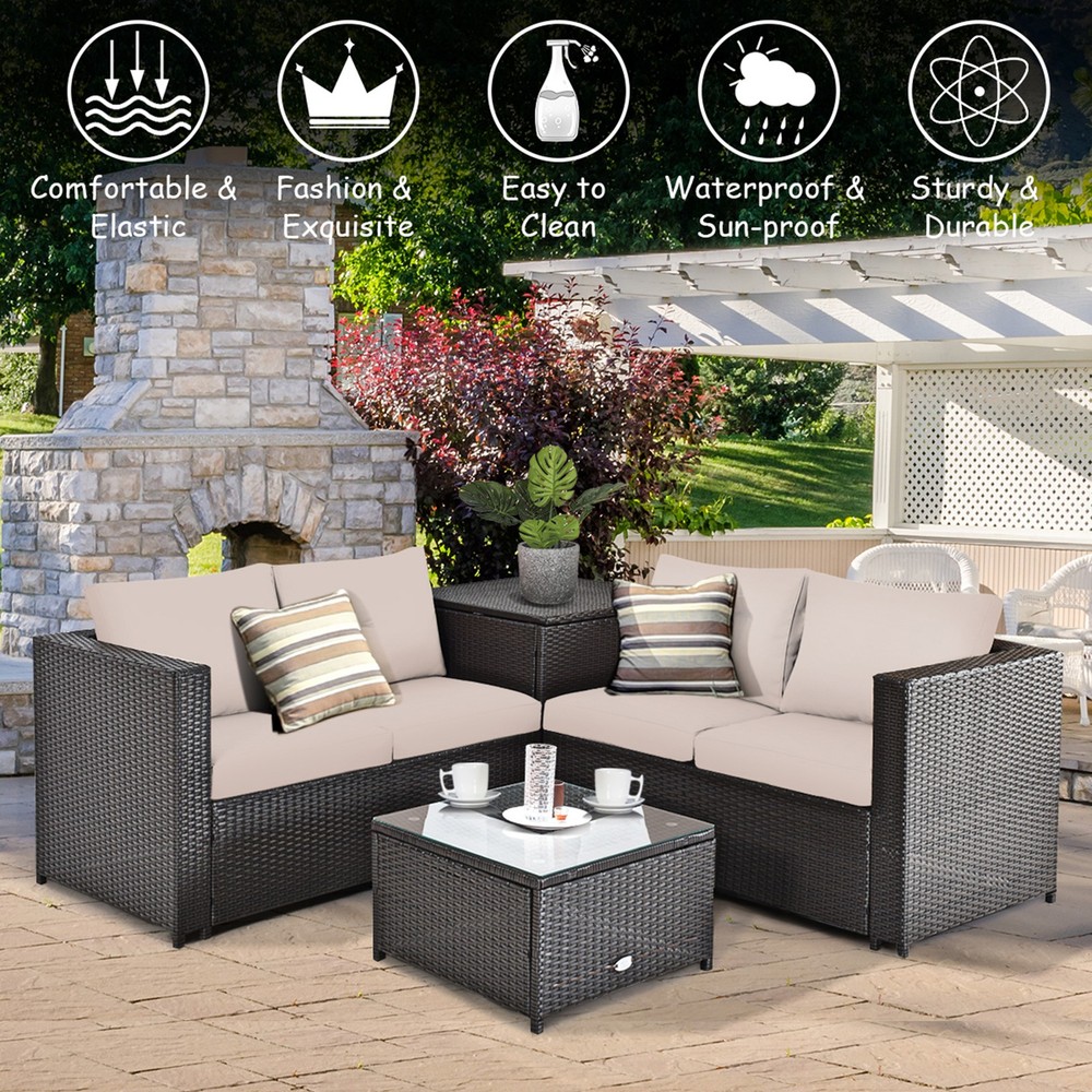 4PCS Cushioned Rattan Patio Conversation Set w/ Coffee Table Side Table