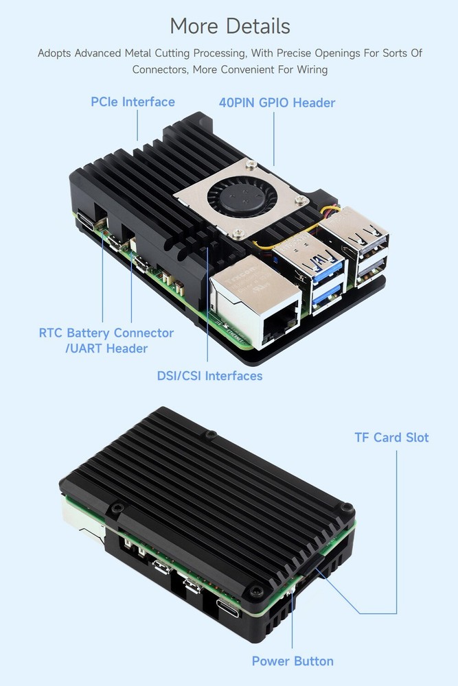 Waveshare Aluminium Alloy Case H for Raspberry Pi 5 with Temperature-Controlled