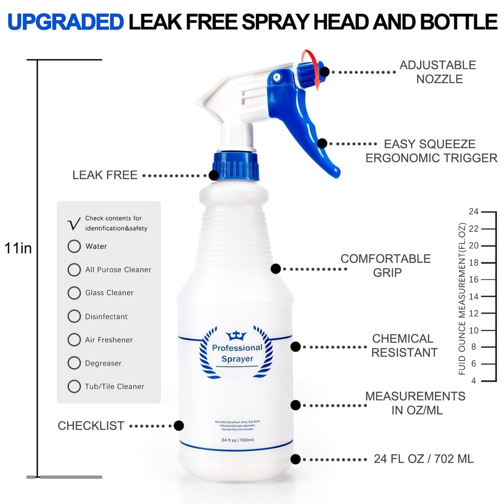 Plastic Spray Bottle, Empty Spray Bottles (2 Pack 24 Oz), All-Purpose Sprayer fo