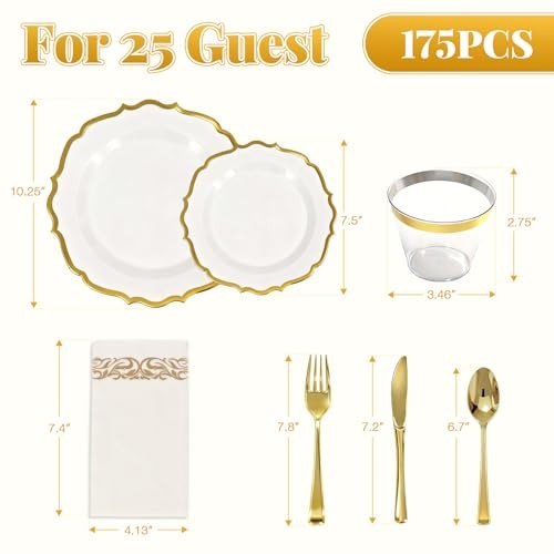 175 Plastic Dinnerware Set Disposable Dinnerware Set for 25guests(175PCS) Gold