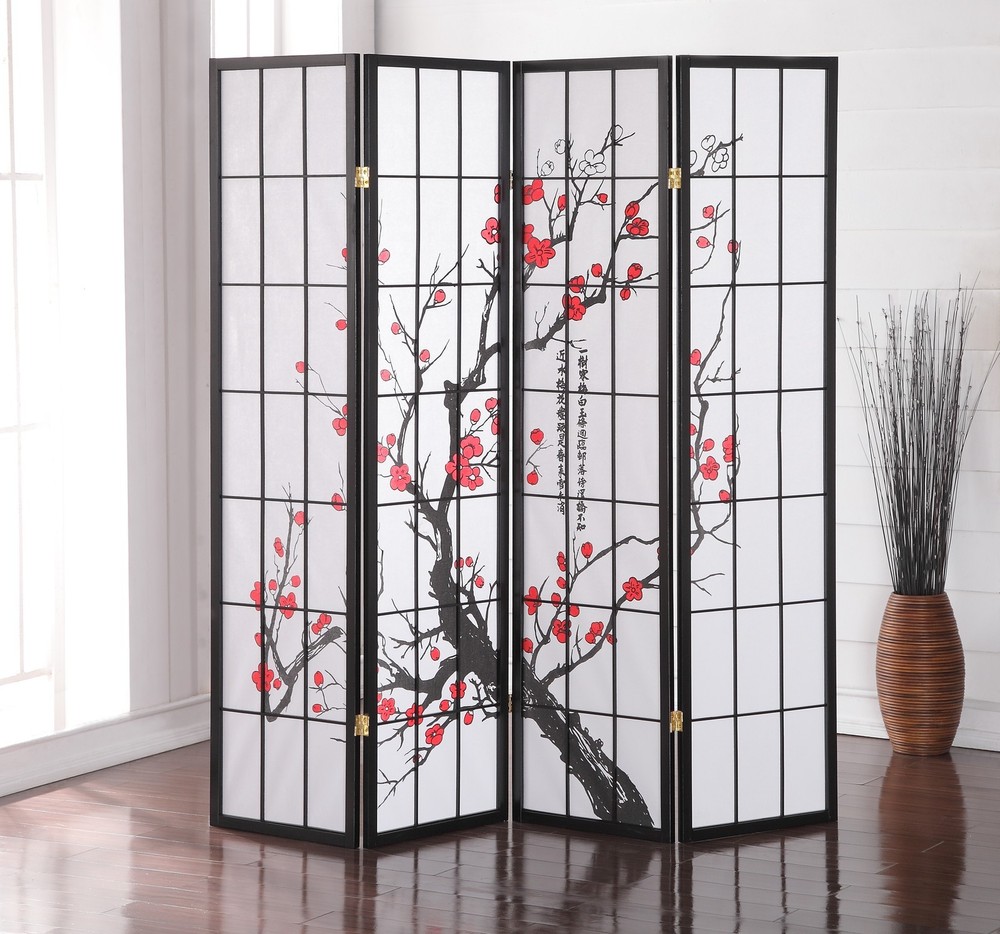 Japanese 4 Panel Room Divider Screen Black with Plum Blossom