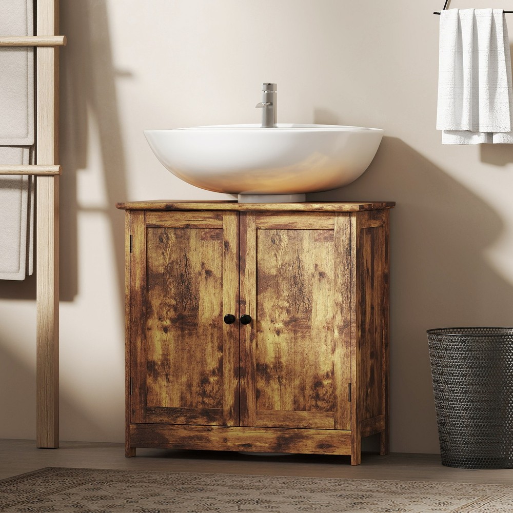 Under Sink Bathroom Cabinet with 2 Doors and Shelf, Rustic Brown