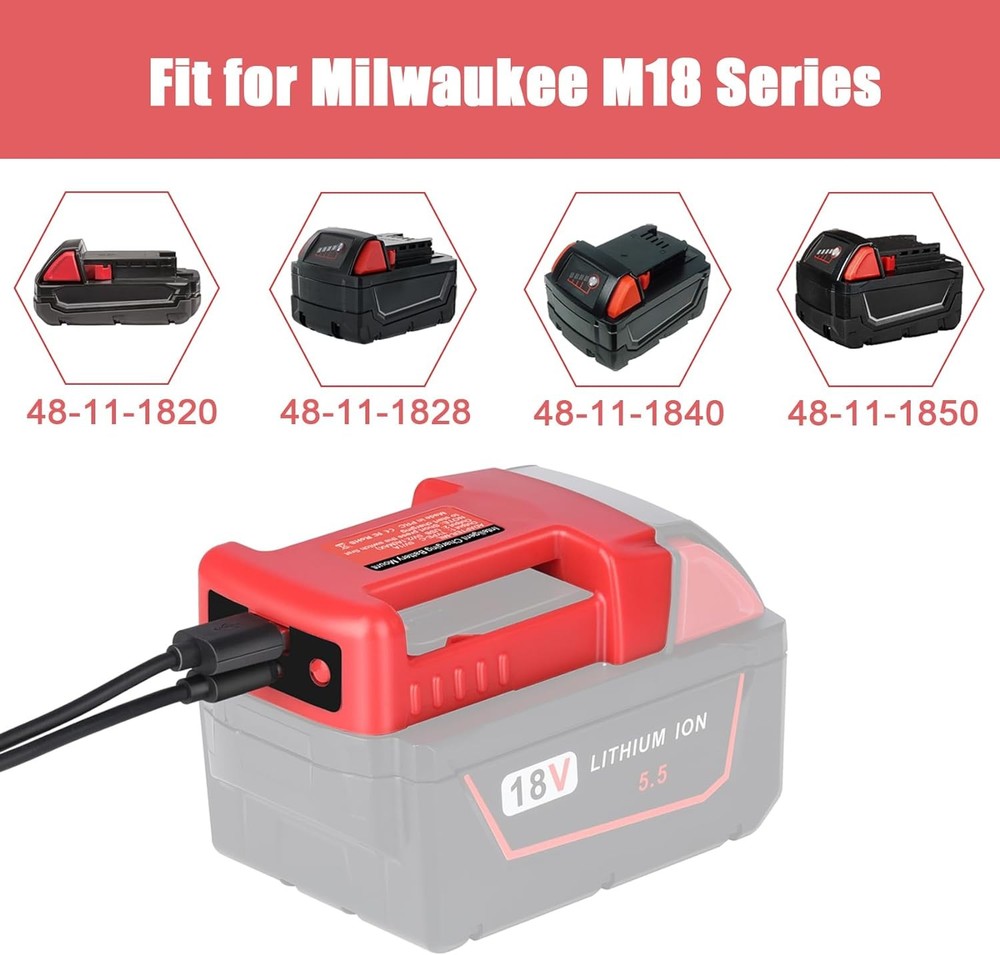 2-Pack USB Charger Adapter for Milwaukee M18 Battery Type-C & USB Adapter only