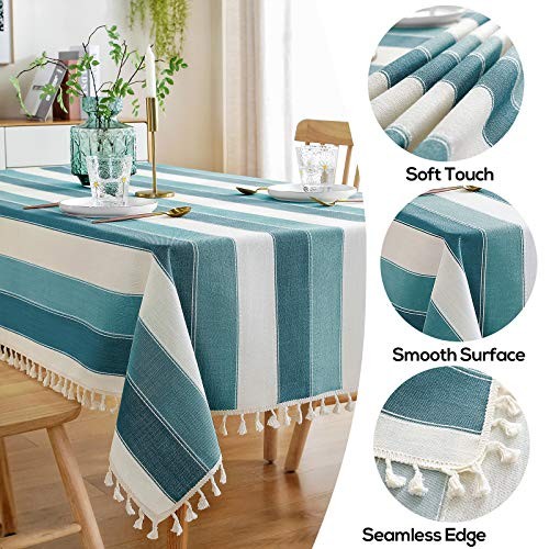 Striped Tassel Tablecloth Stitching Rectangle 120" x 55" (Rectangular) Teal