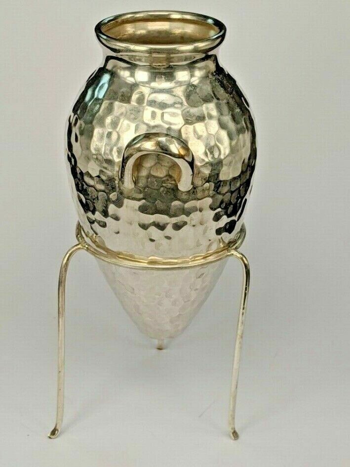 Silver miniature classical urn on a tripod stand hammered silver finish 830 mark